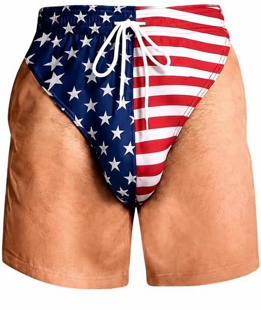 Old Glory Cheek Trunks - front view showing the illusion effect